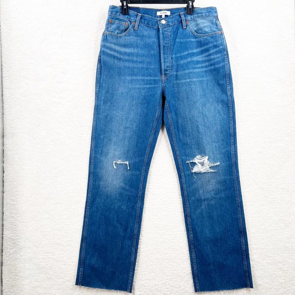 RE/DONE Originals 90s High Rise Loose in Destroyed Broken Blue Jeans Size 32 NWT